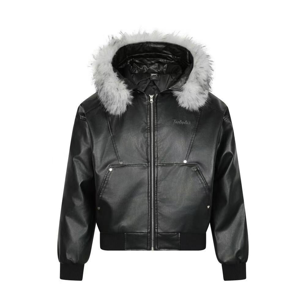 Vintage Pu Leather with Faux-Fur Hooded Jacket