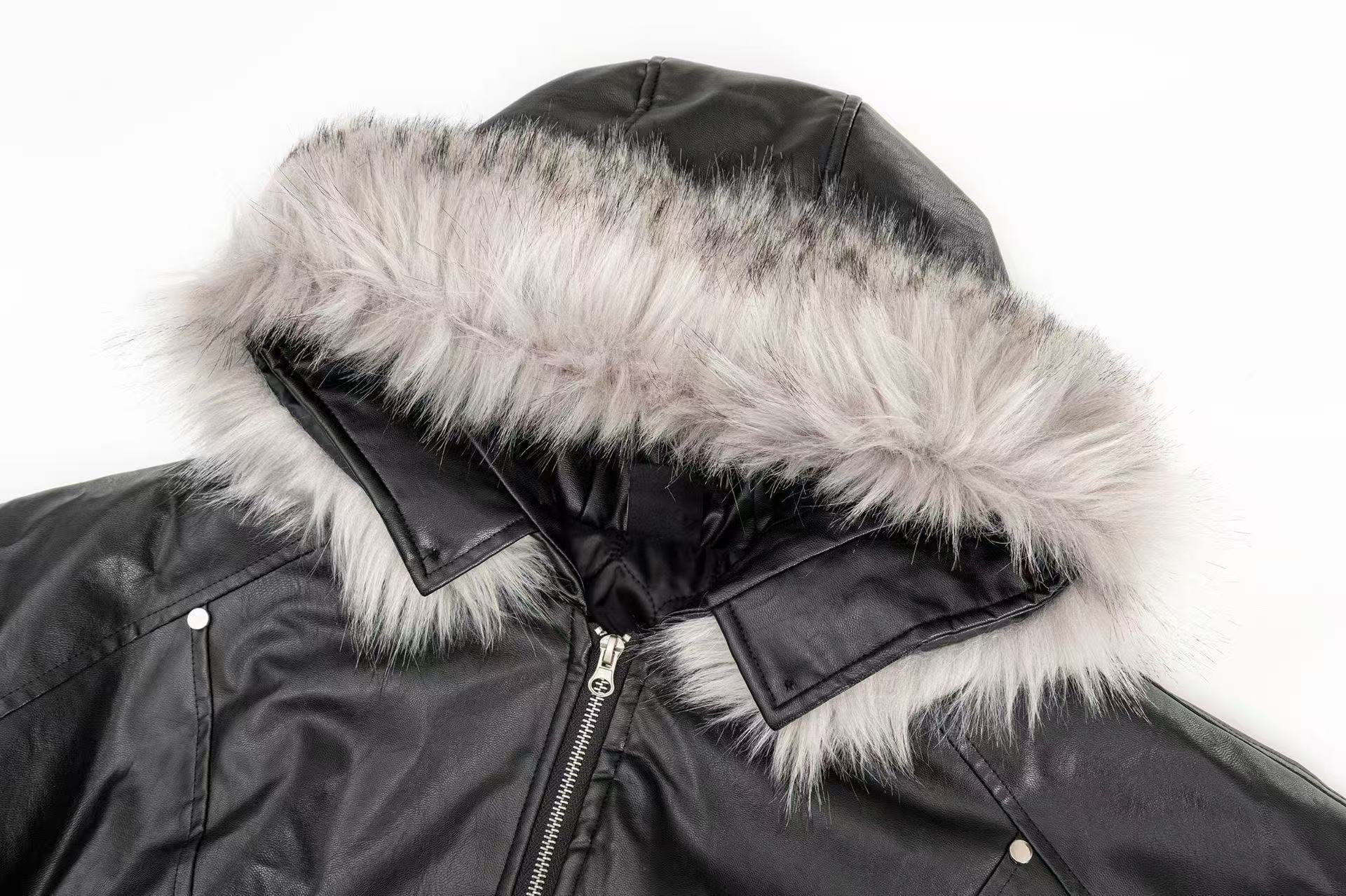 Vintage Pu Leather with Faux-Fur Hooded Jacket