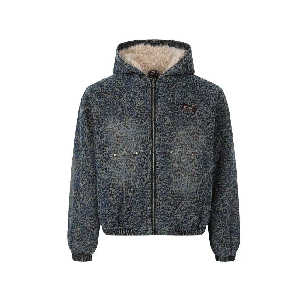 Blue Leopard-Print Faux-Fur Hooded Jacket