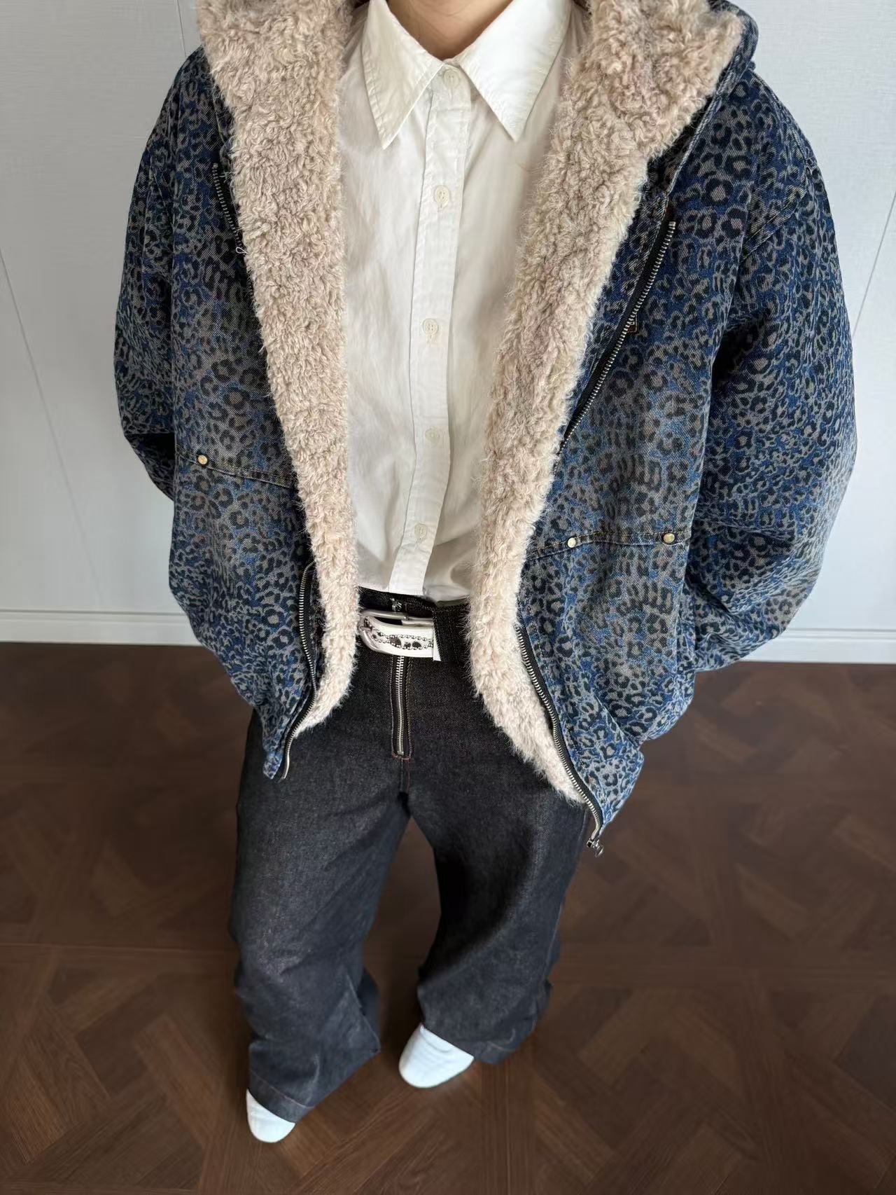 Blue Leopard-Print Faux-Fur Hooded Jacket