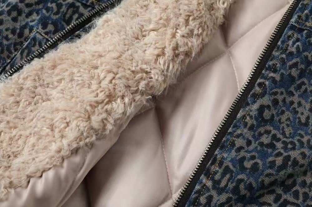 Blue Leopard-Print Faux-Fur Hooded Jacket