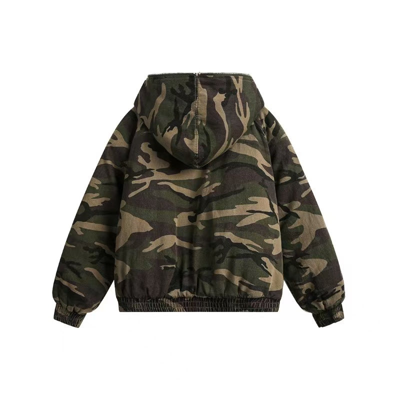 Vintage Camo Fur Collar Hooded Jacket