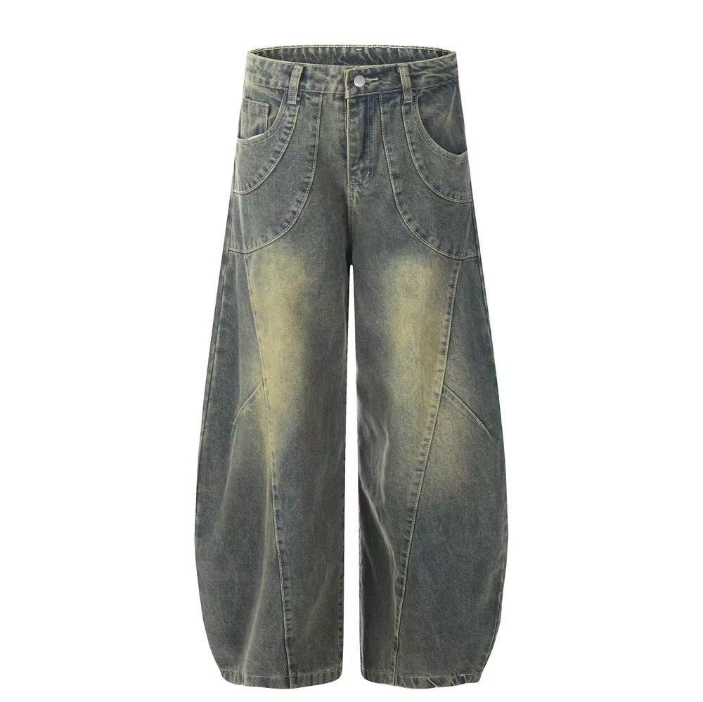 Line-Deconstructed Washed Wide-Leg Baggy Jeans