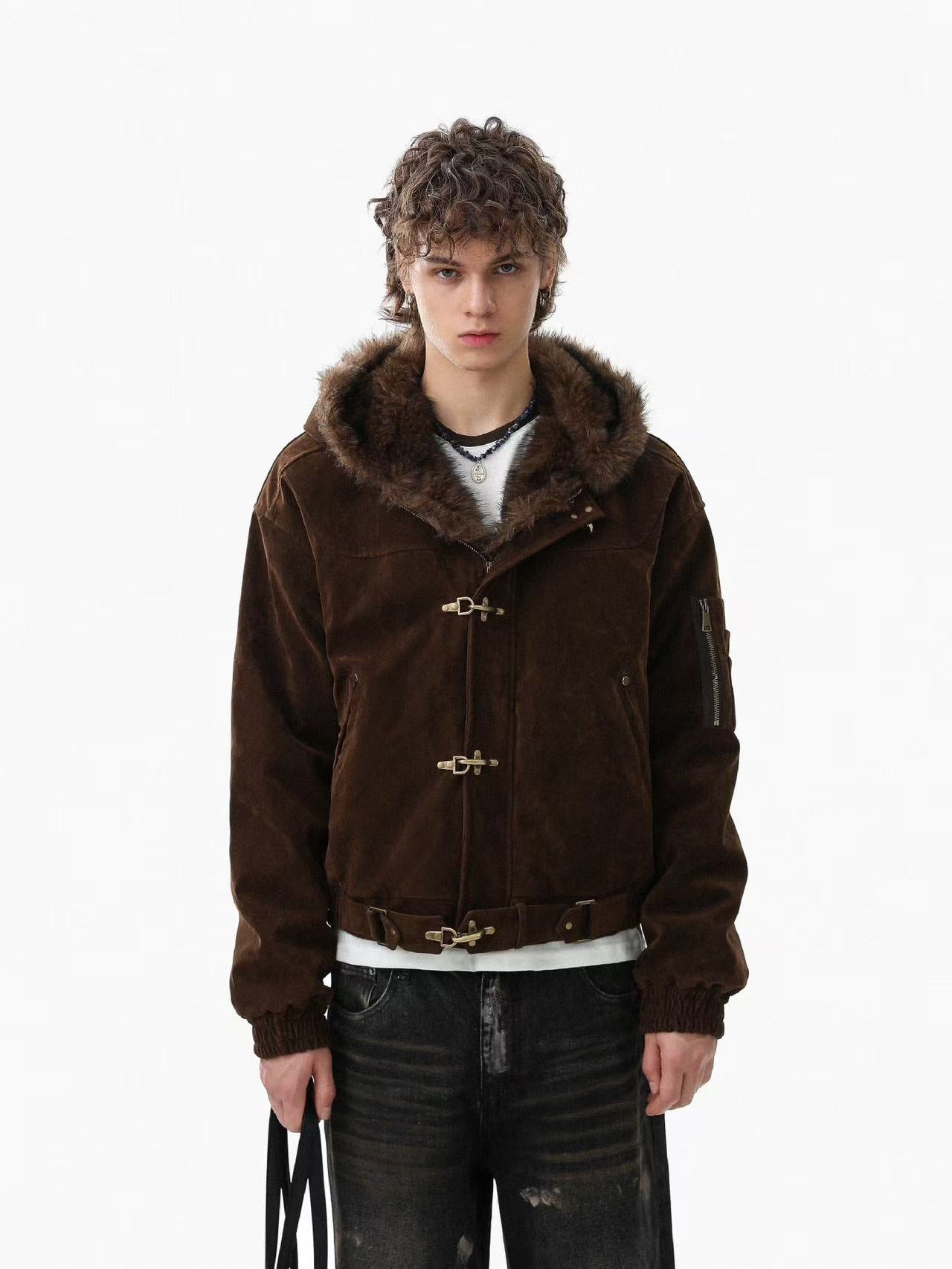 Vintage Faux-Fur Collar Hooded Jacket