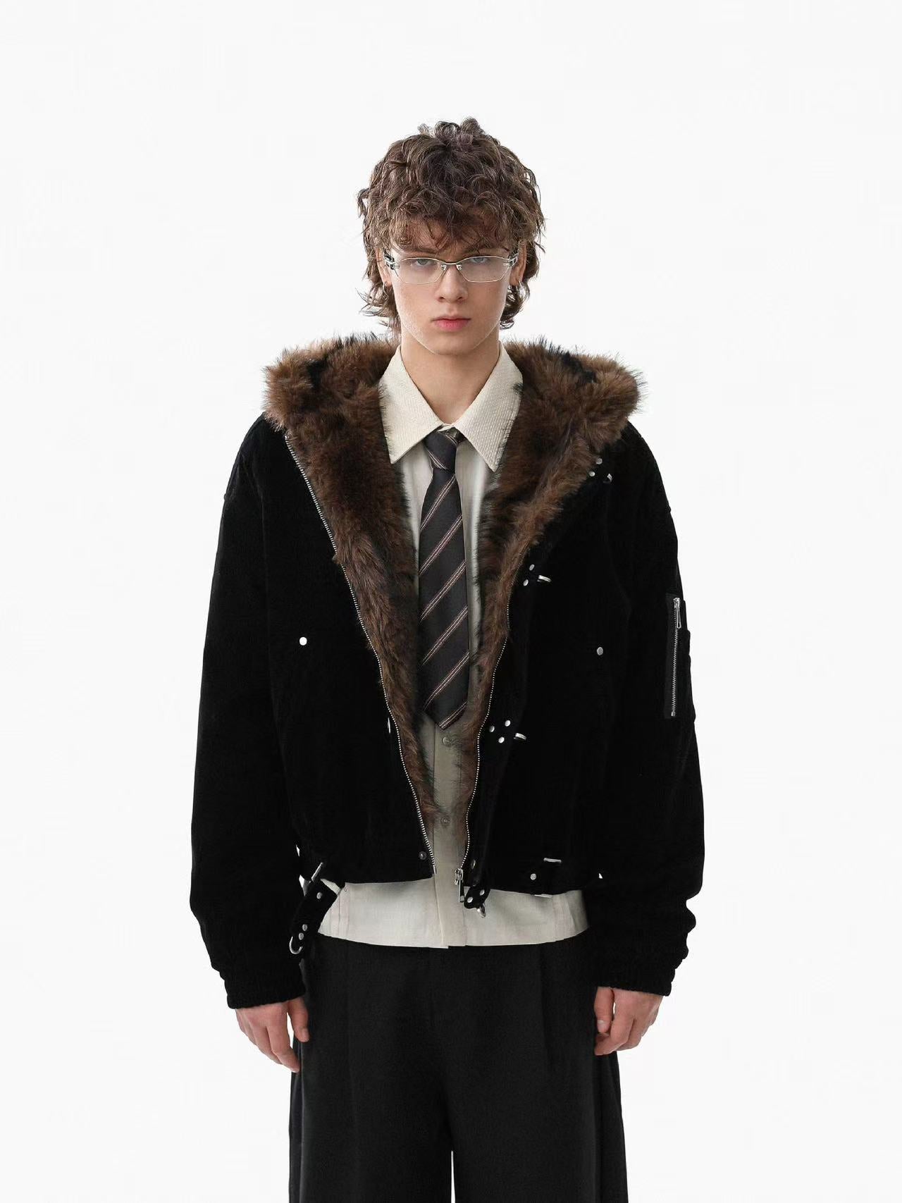 Vintage Faux-Fur Collar Hooded Jacket