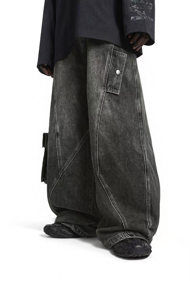 Line-Deconstructed Washed Wide-Leg Baggy Jeans