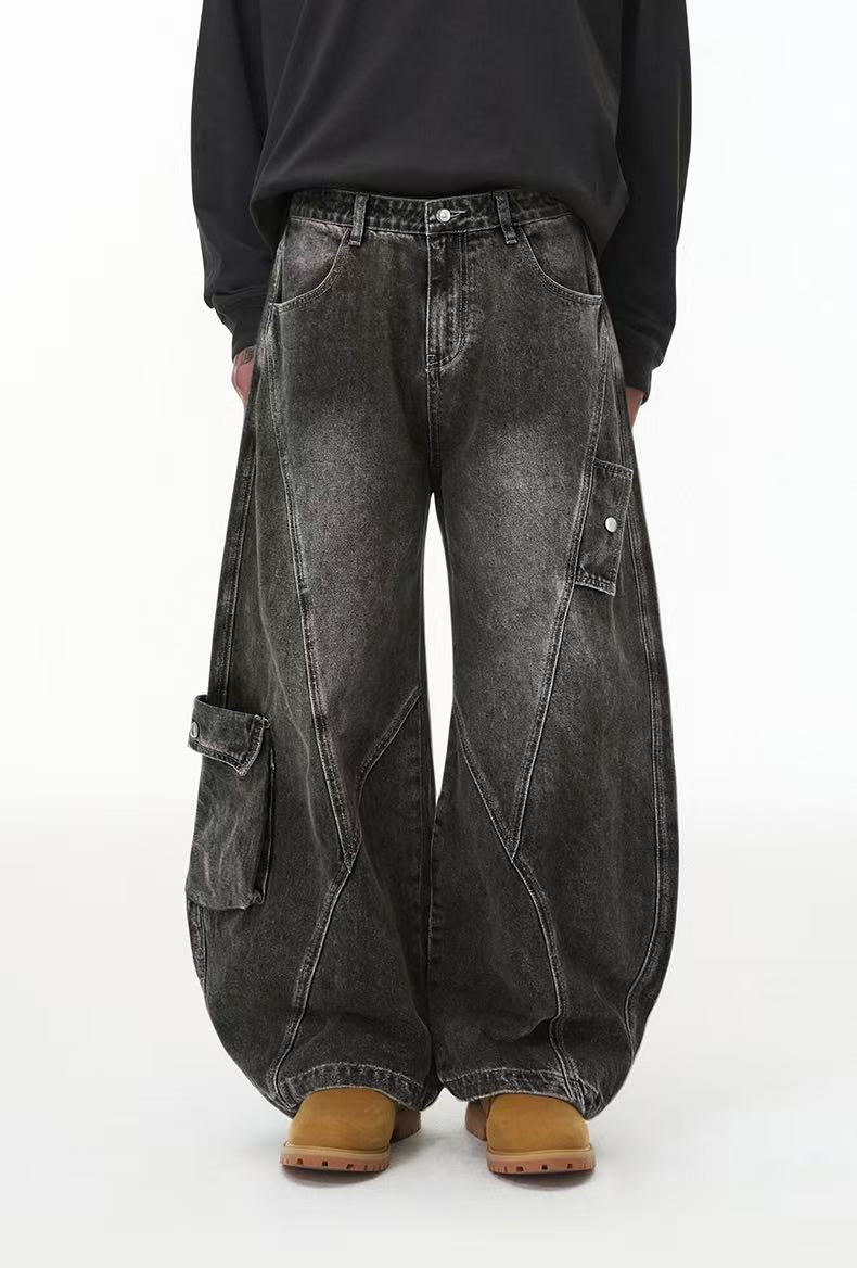 Line-Deconstructed Washed Wide-Leg Baggy Jeans