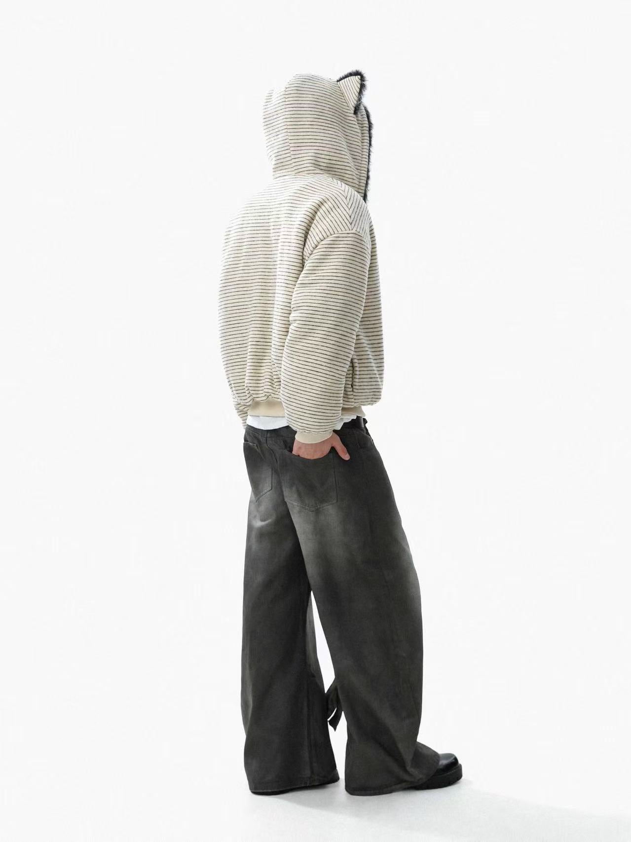 Striped Faux-Fur Collar Hooded Jacket