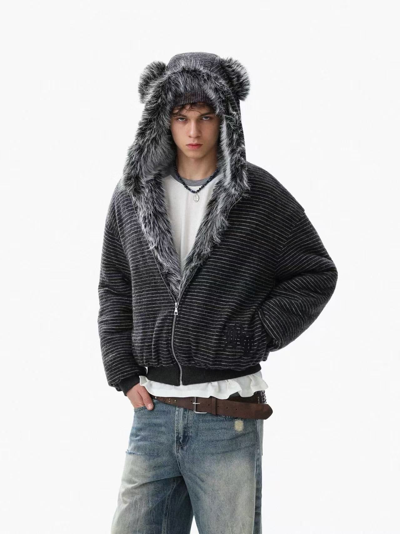 Striped Faux-Fur Collar Hooded Jacket