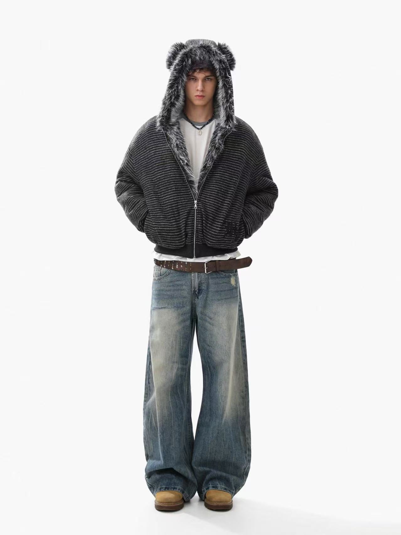 Striped Faux-Fur Collar Hooded Jacket