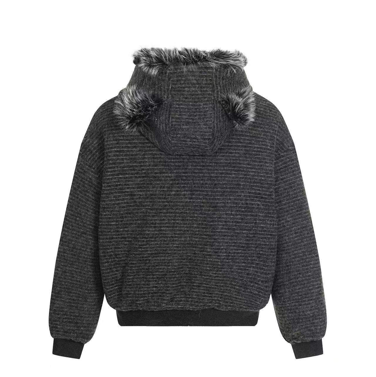 Striped Faux-Fur Collar Hooded Jacket