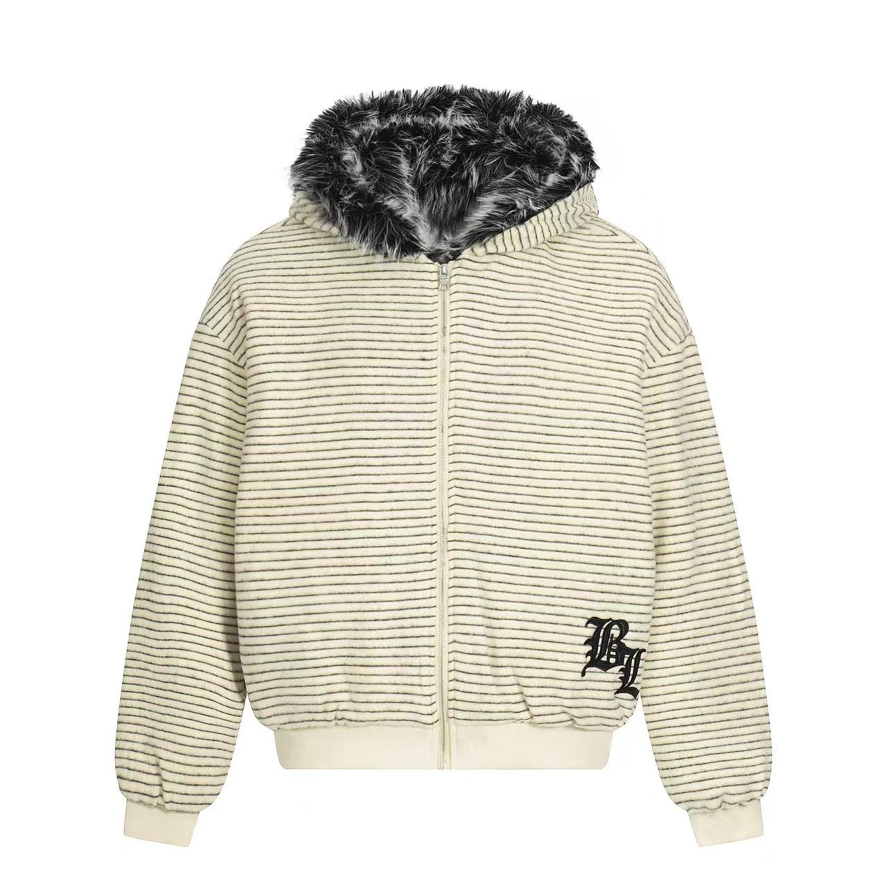Striped Faux-Fur Collar Hooded Jacket