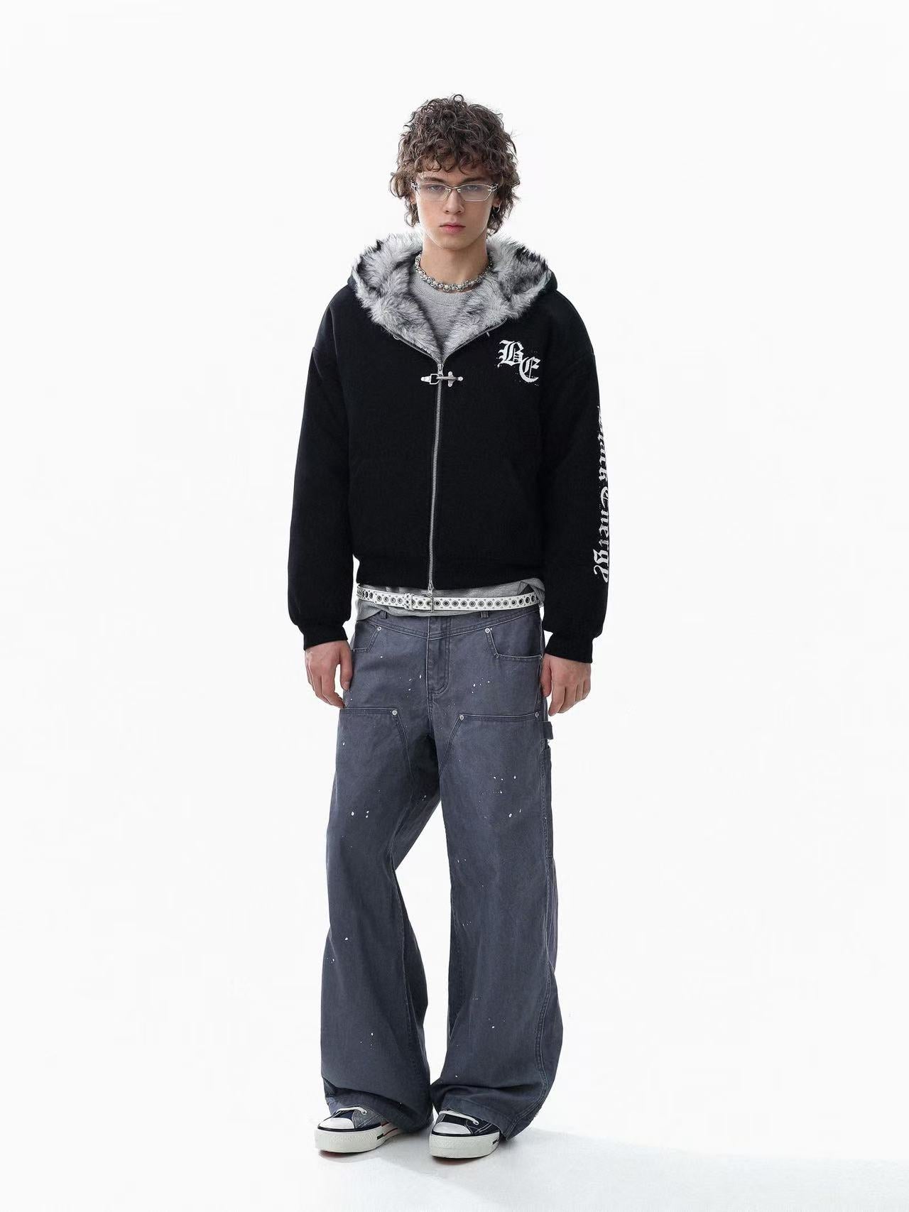 Letter-Print Plush Hooded Jacket