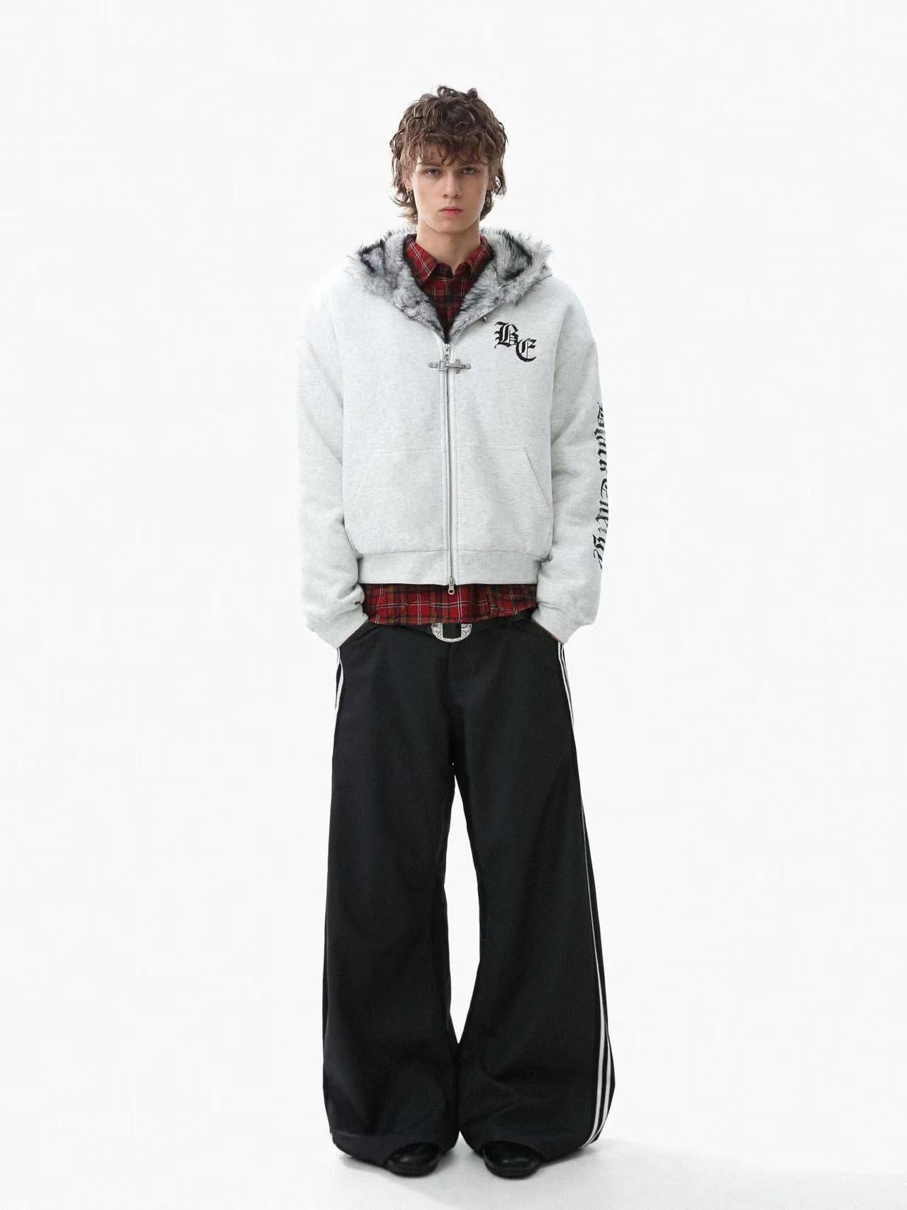 Letter-Print Plush Hooded Jacket