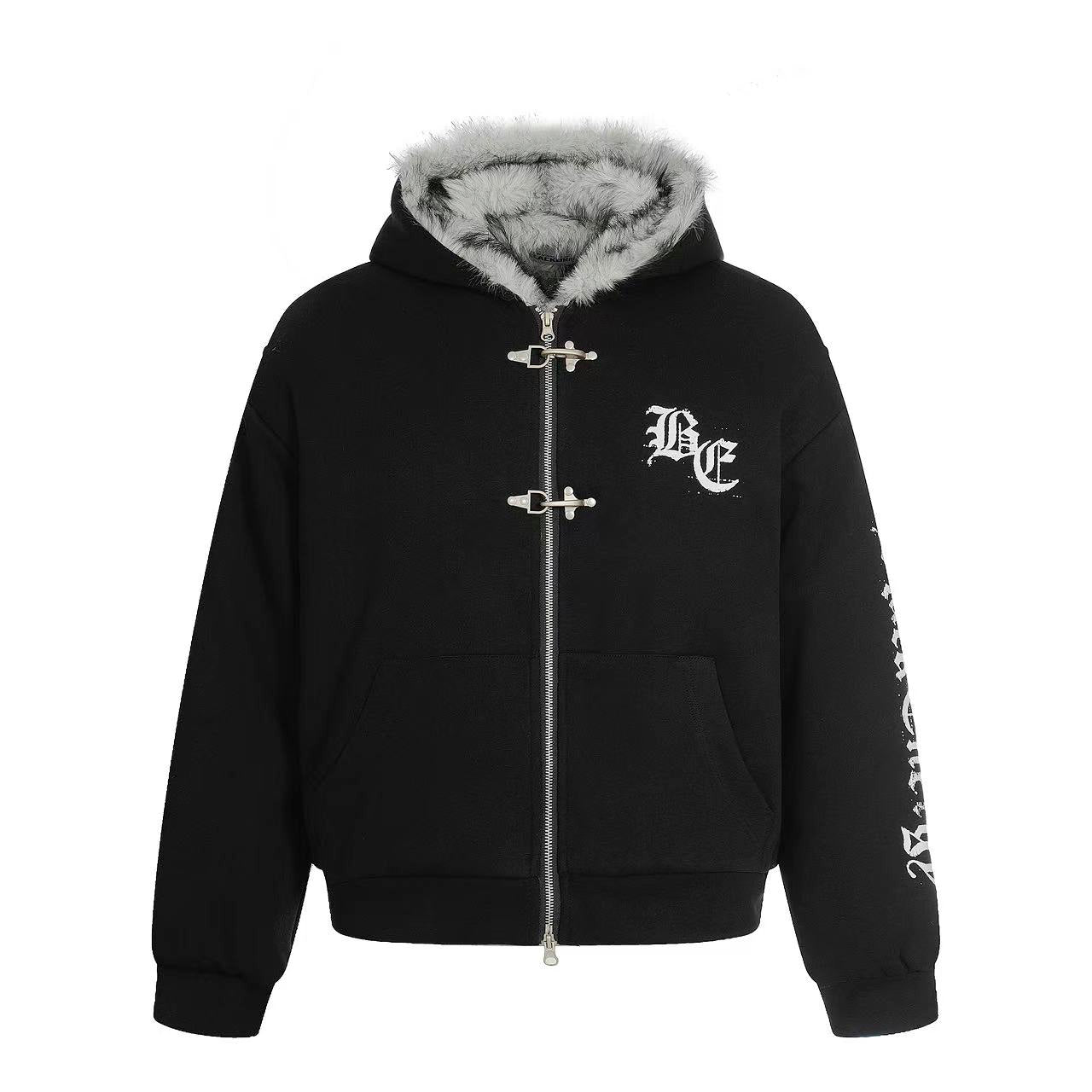Letter-Print Plush Hooded Jacket