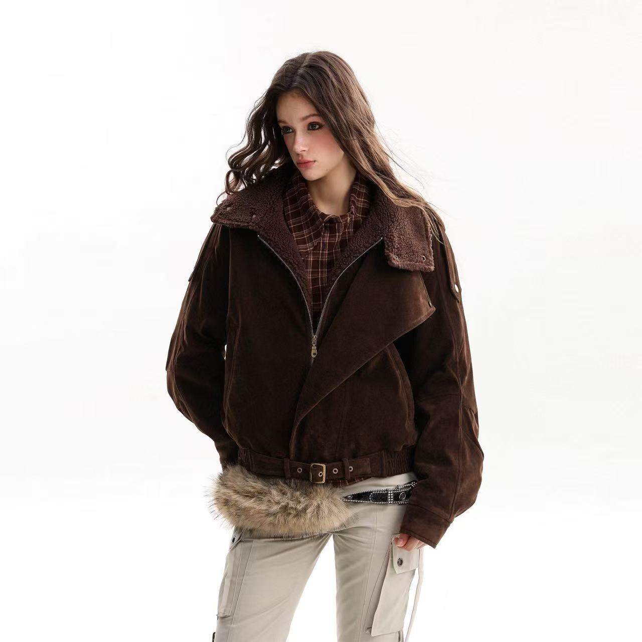 Vintage Street-Style Suede Stand-Collar Jacket