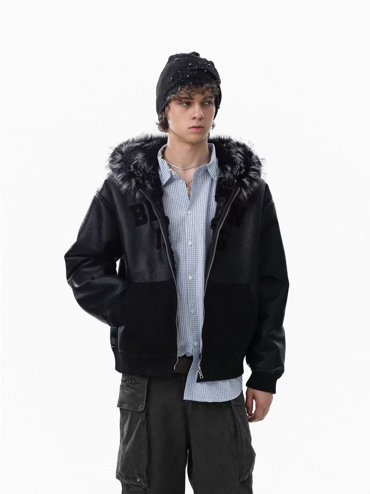 Vintage Street-Style PU Leather Faux-Fur Collar Jacket