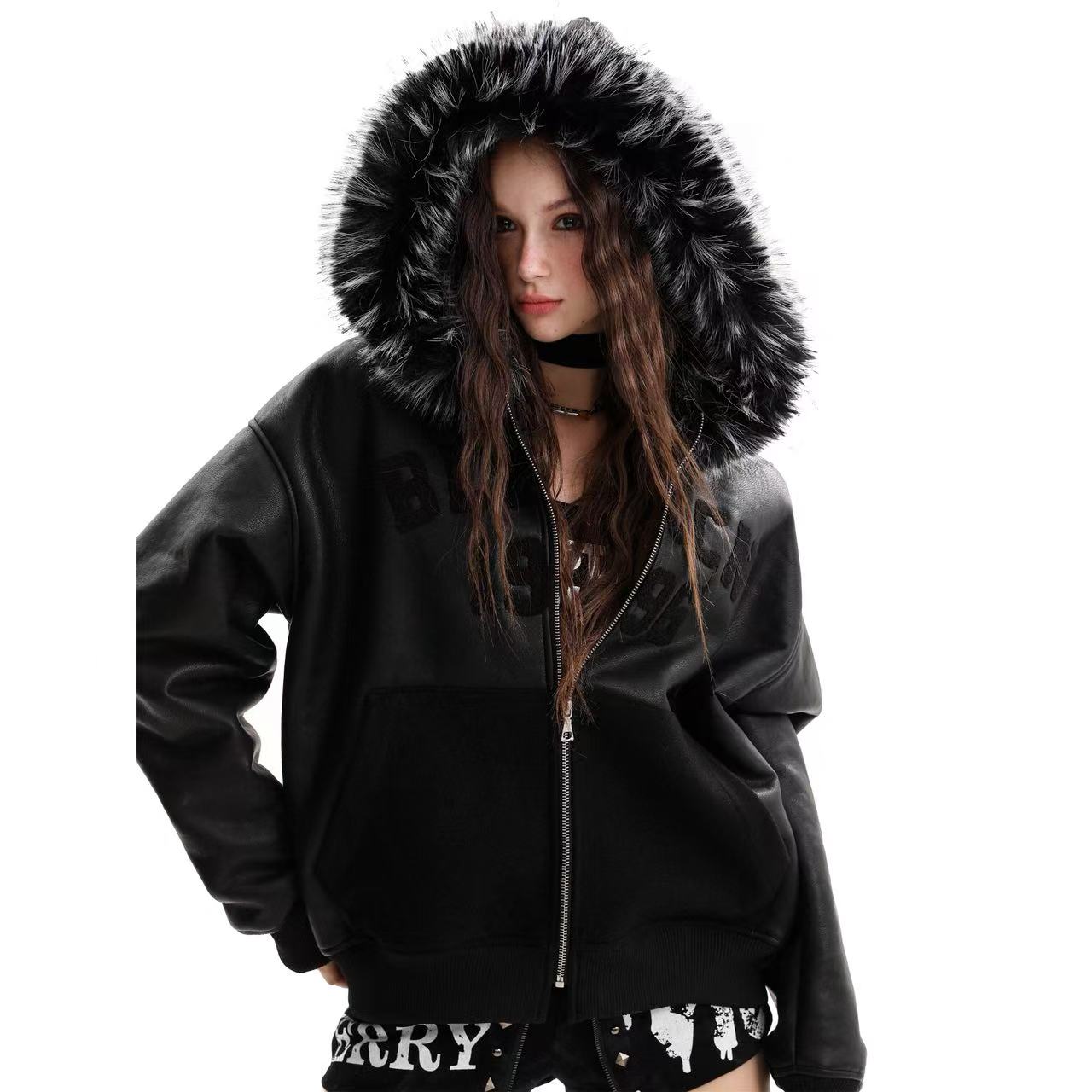 Vintage Street-Style PU Leather Faux-Fur Collar Jacket