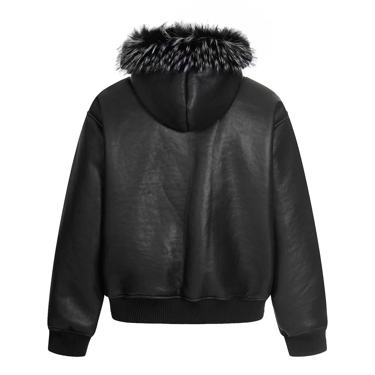Vintage Street-Style PU Leather Faux-Fur Collar Jacket