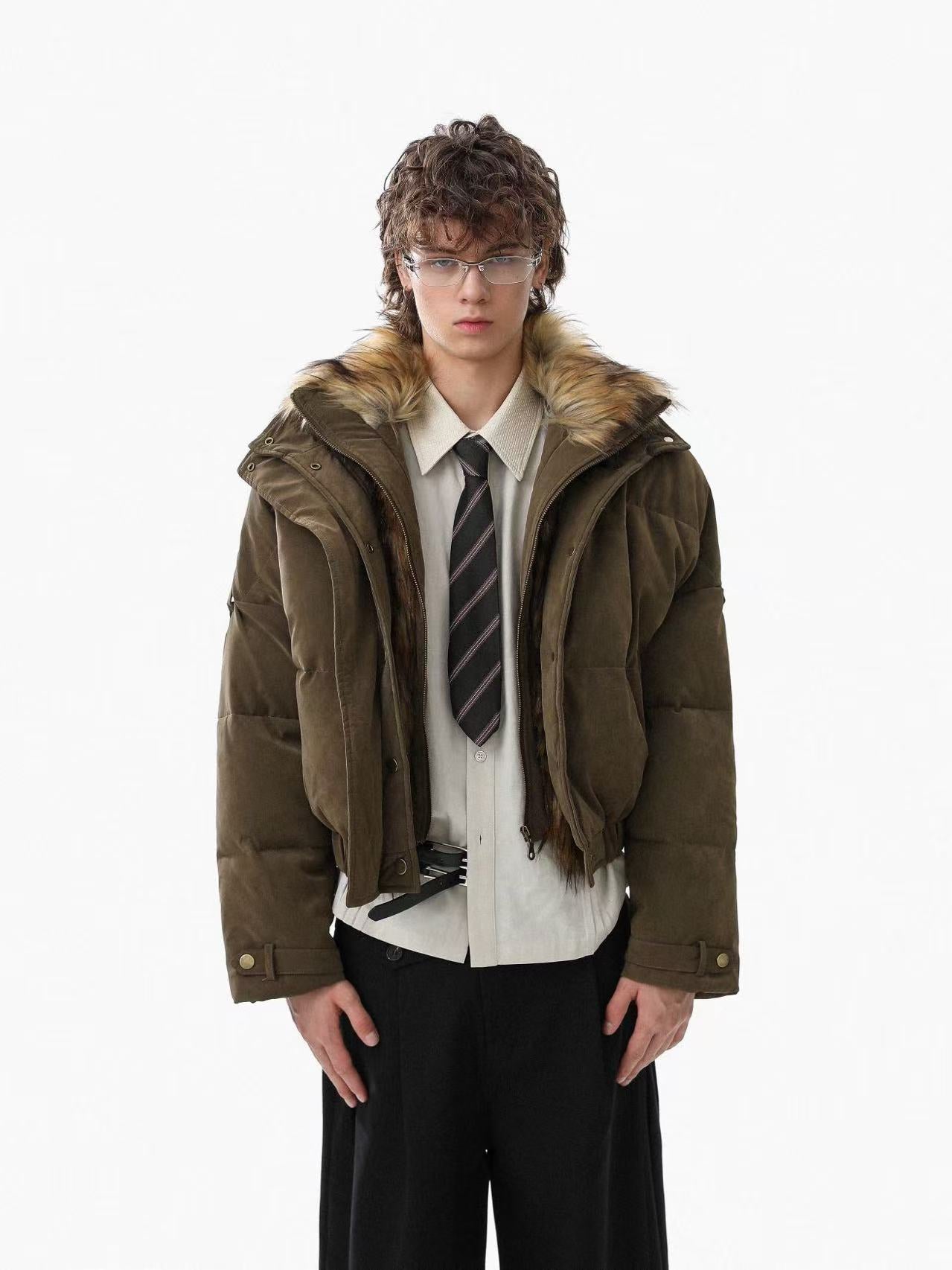 Faux-Fur Collar Work Jacket With Mock-Layer Design