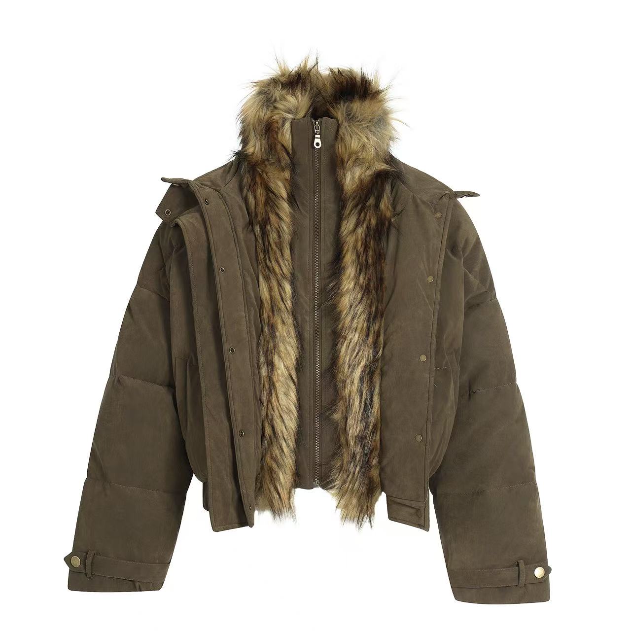 Faux-Fur Collar Work Jacket With Mock-Layer Design