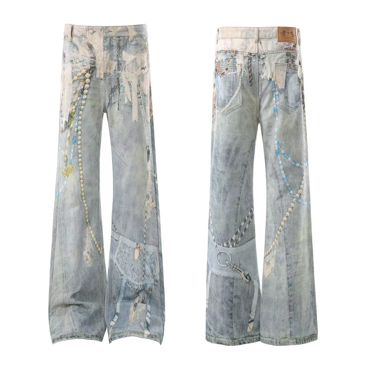 Street-Style 3D-Print Graffiti Straight-Leg Jeans