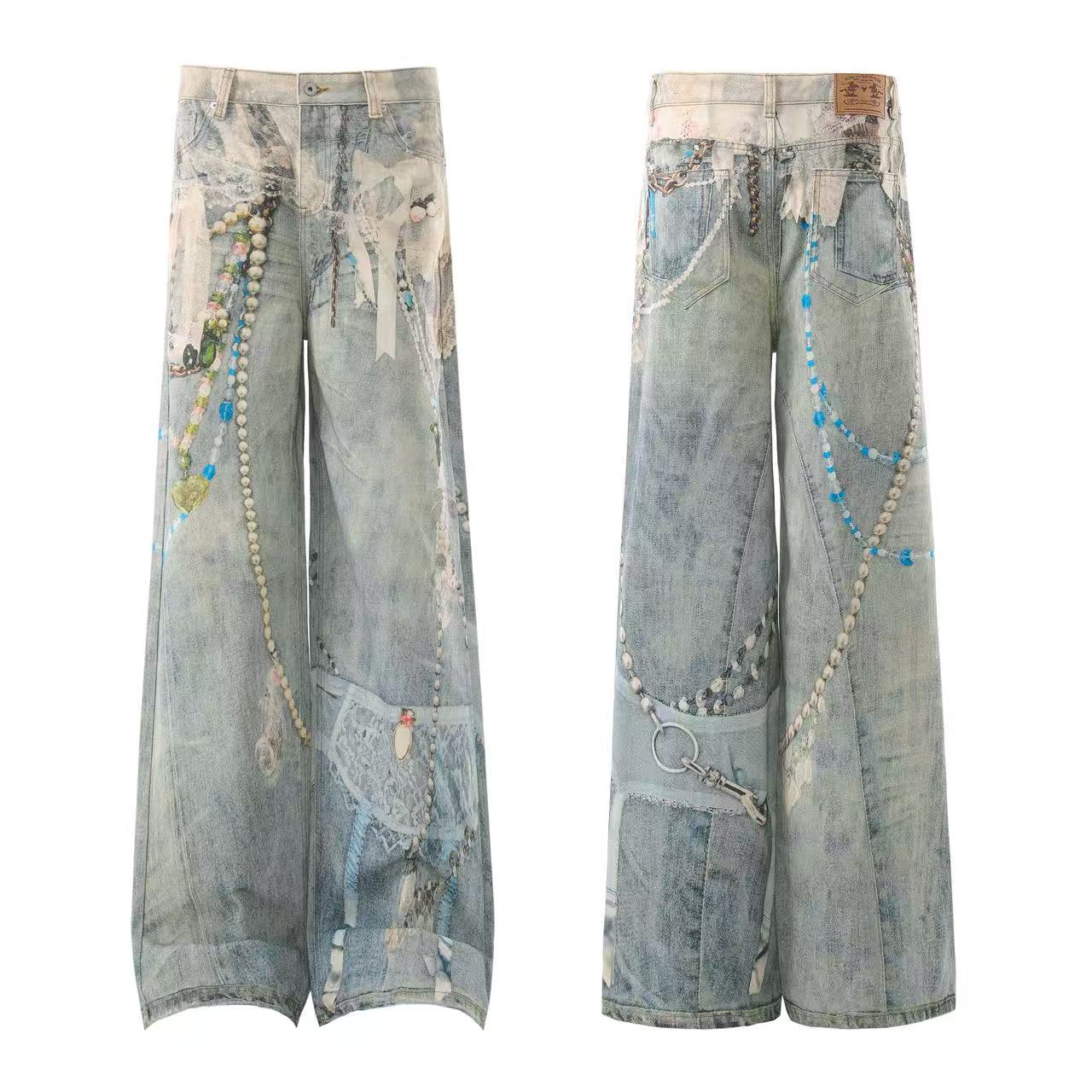 Street-Style 3D-Print Graffiti Wide-Leg Jeans
