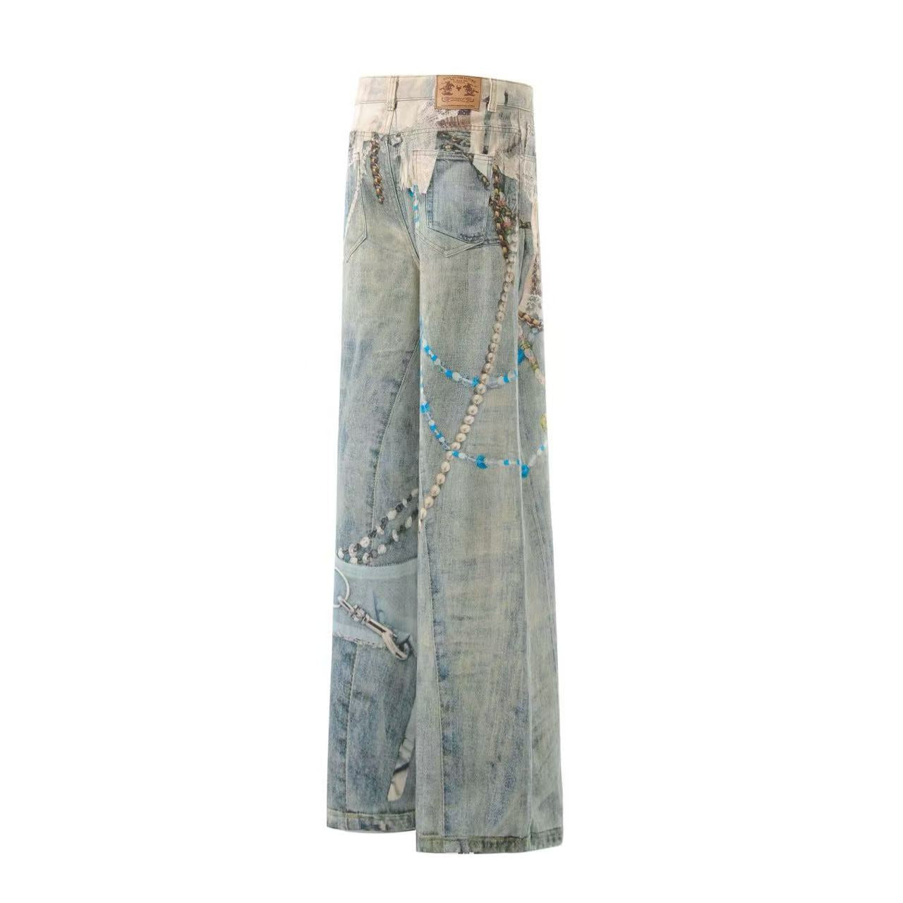 Street-Style 3D-Print Graffiti Wide-Leg Jeans