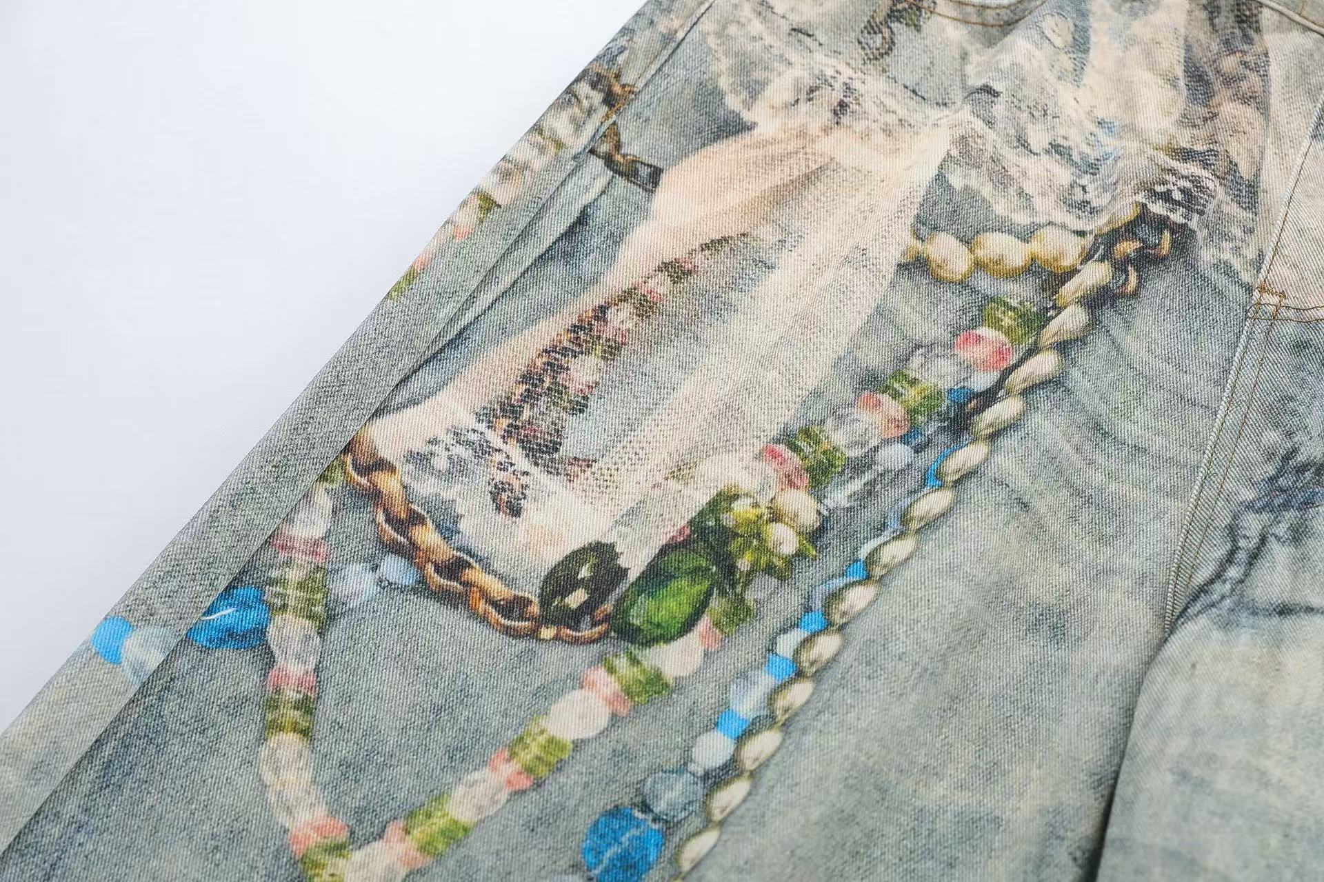 Street-Style 3D-Print Graffiti Wide-Leg Jeans