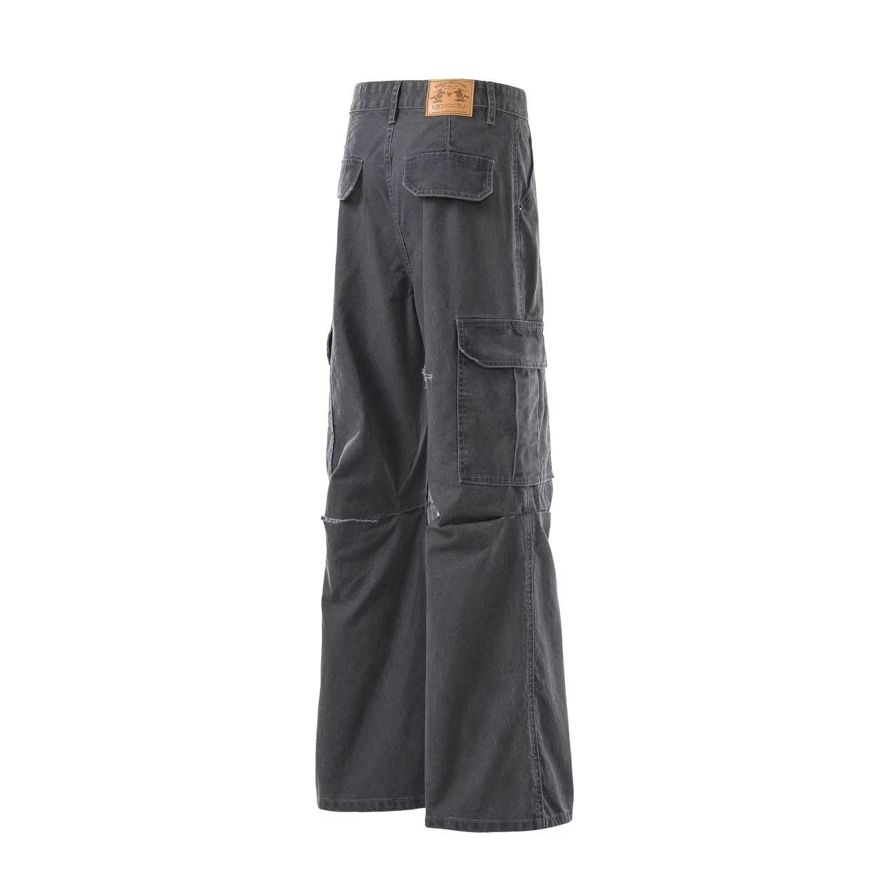 Multi-Pocket Distressed Wide-Leg Cargo Pants