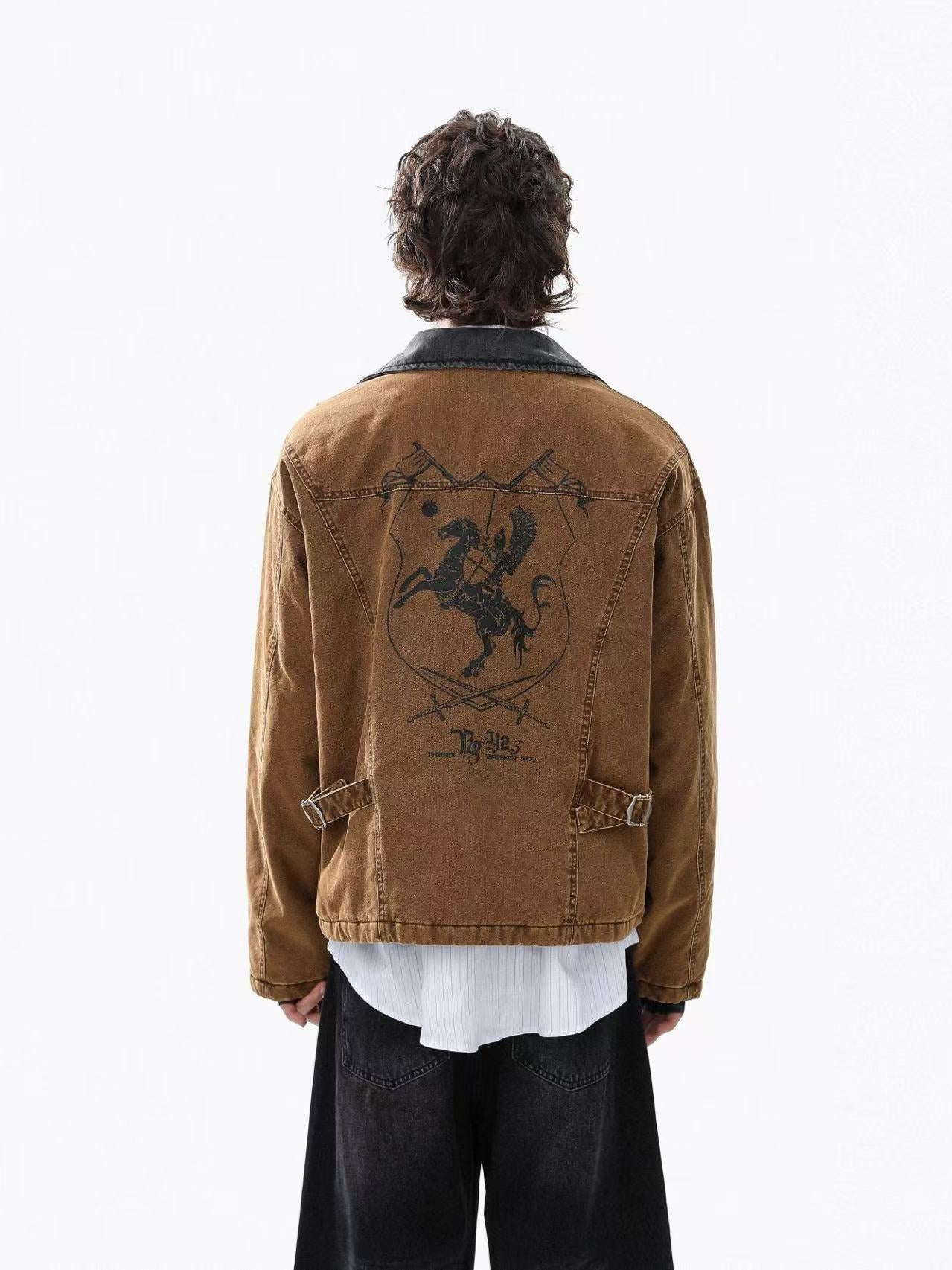 Knight-Print Color-Block Lapel Padded Jacket