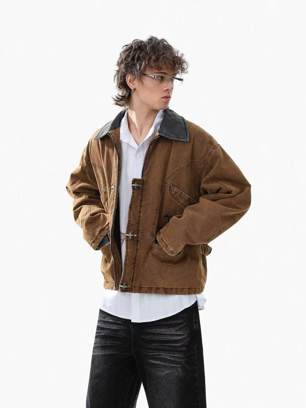 Knight-Print Color-Block Lapel Padded Jacket