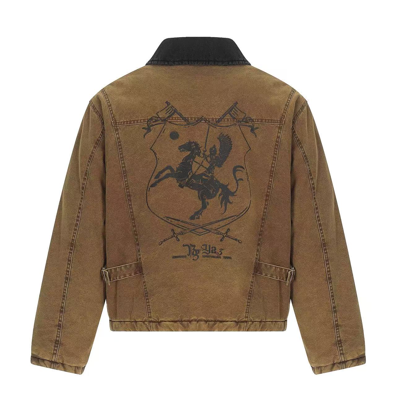 Knight-Print Color-Block Lapel Padded Jacket