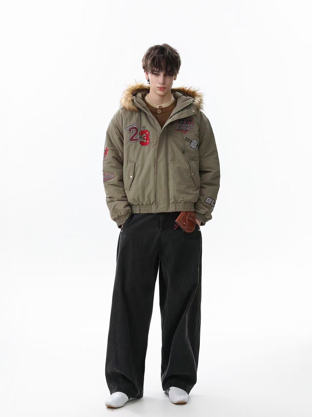 Vintage Printed Faux-Fur Collar Hooded Jacket