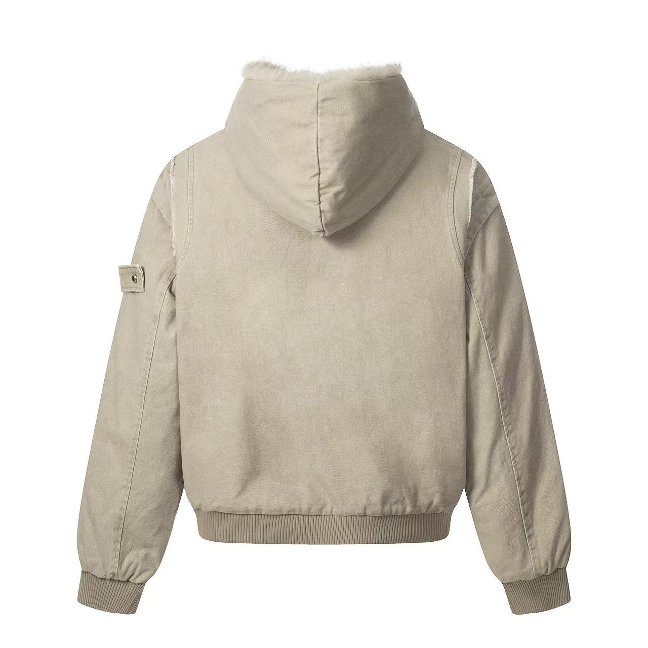 Vintage Stitch Detail Faux-Fur Collar Hooded Jacket