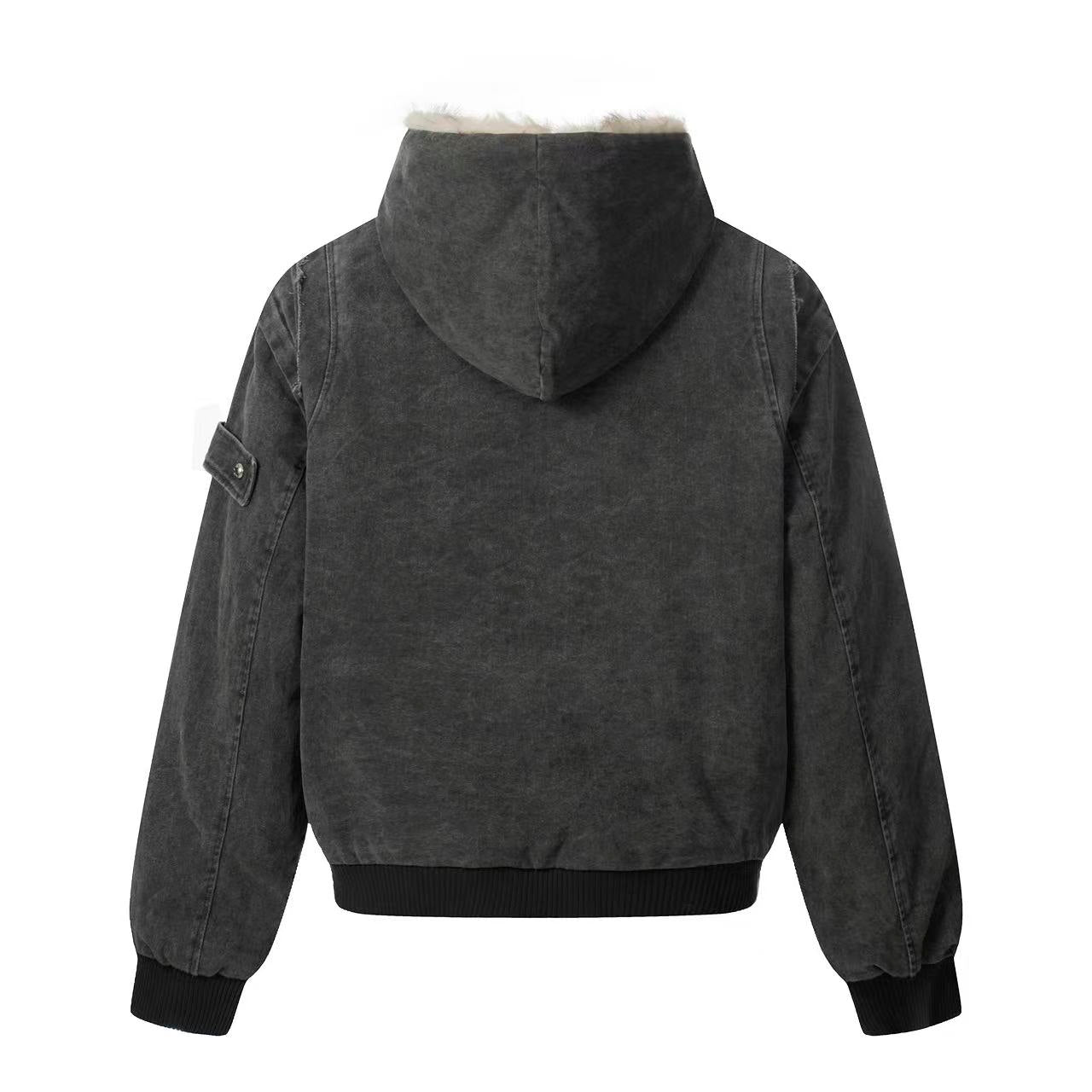 Vintage Stitch Detail Faux-Fur Collar Hooded Jacket