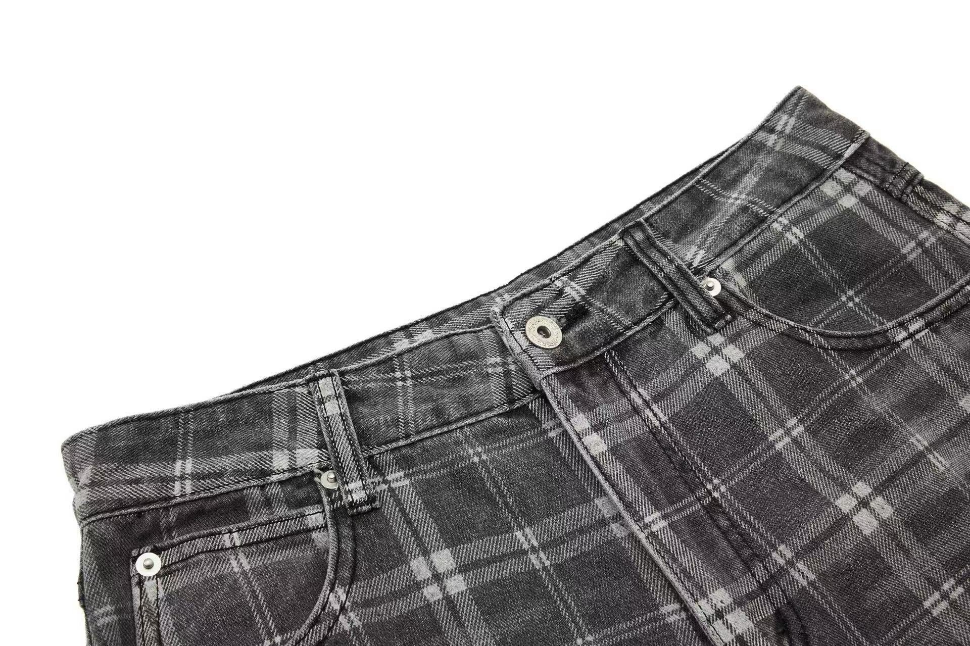 Gingham Washed Wide-Leg Jeans