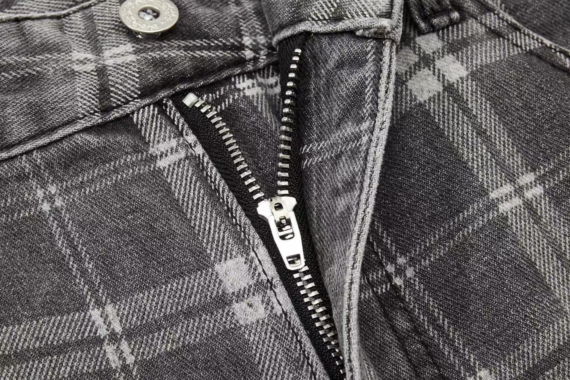 Gingham Washed Wide-Leg Jeans