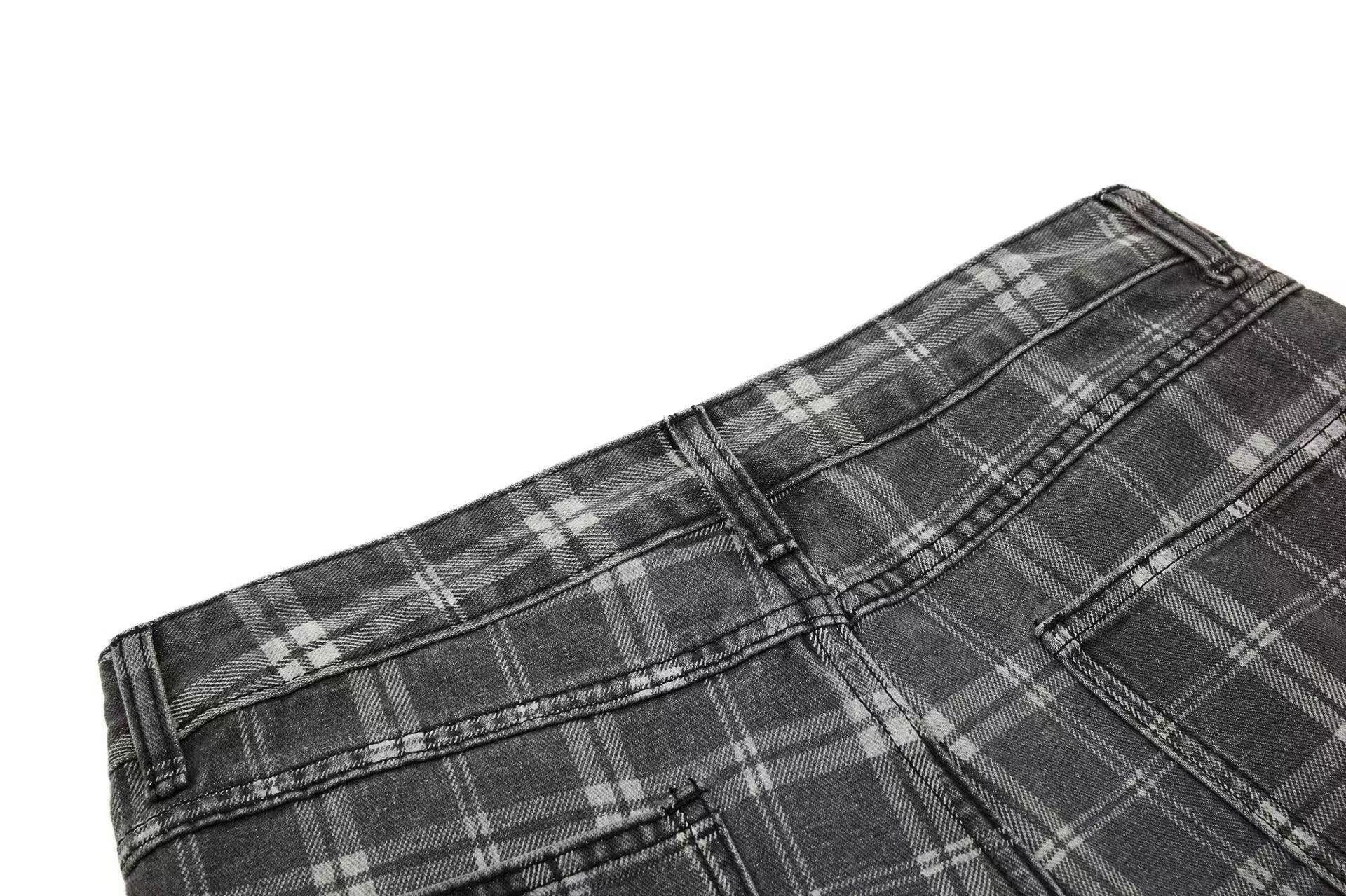 Gingham Washed Wide-Leg Jeans