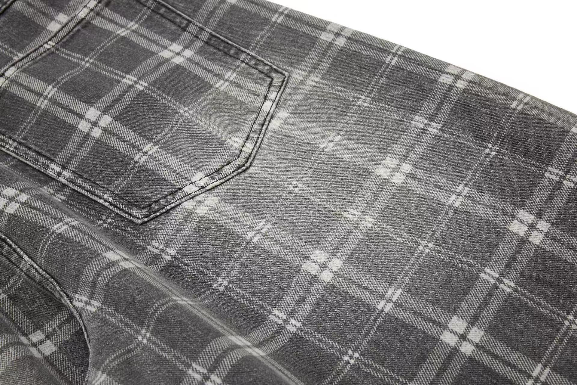 Gingham Washed Wide-Leg Jeans