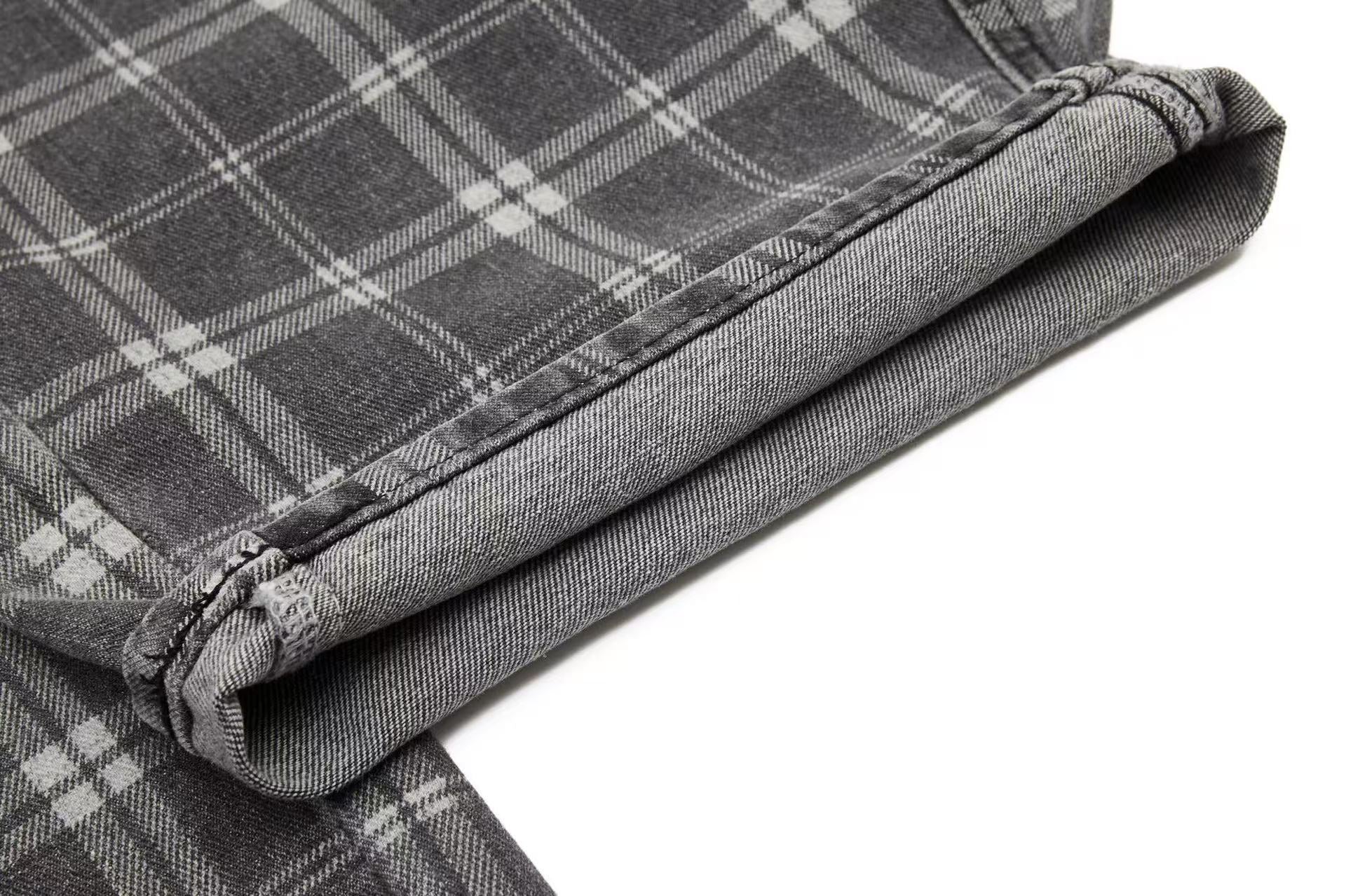 Gingham Washed Wide-Leg Jeans