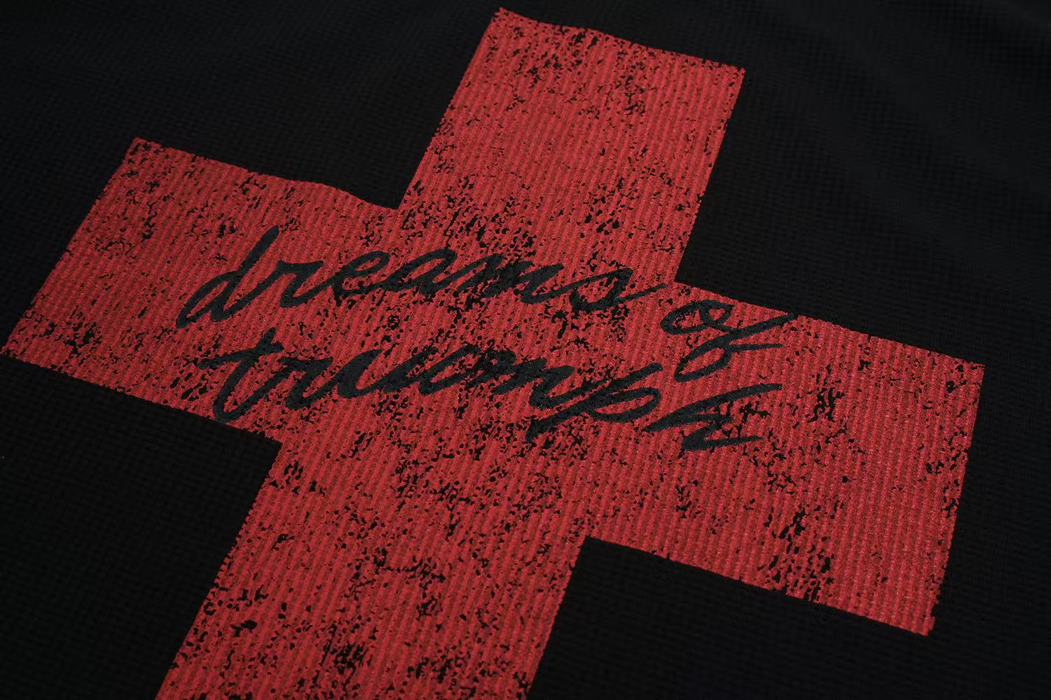 Streetwear Red Cross Print Waffle Knit Long Sleeve