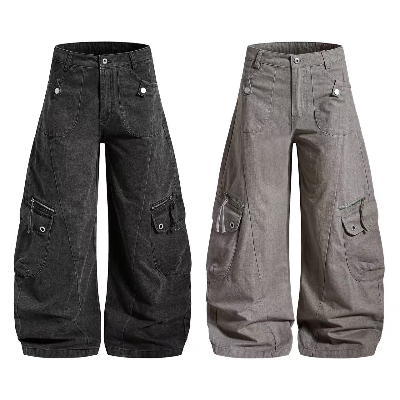 Vintage Button-Flap Wide-Leg Cargo Pants