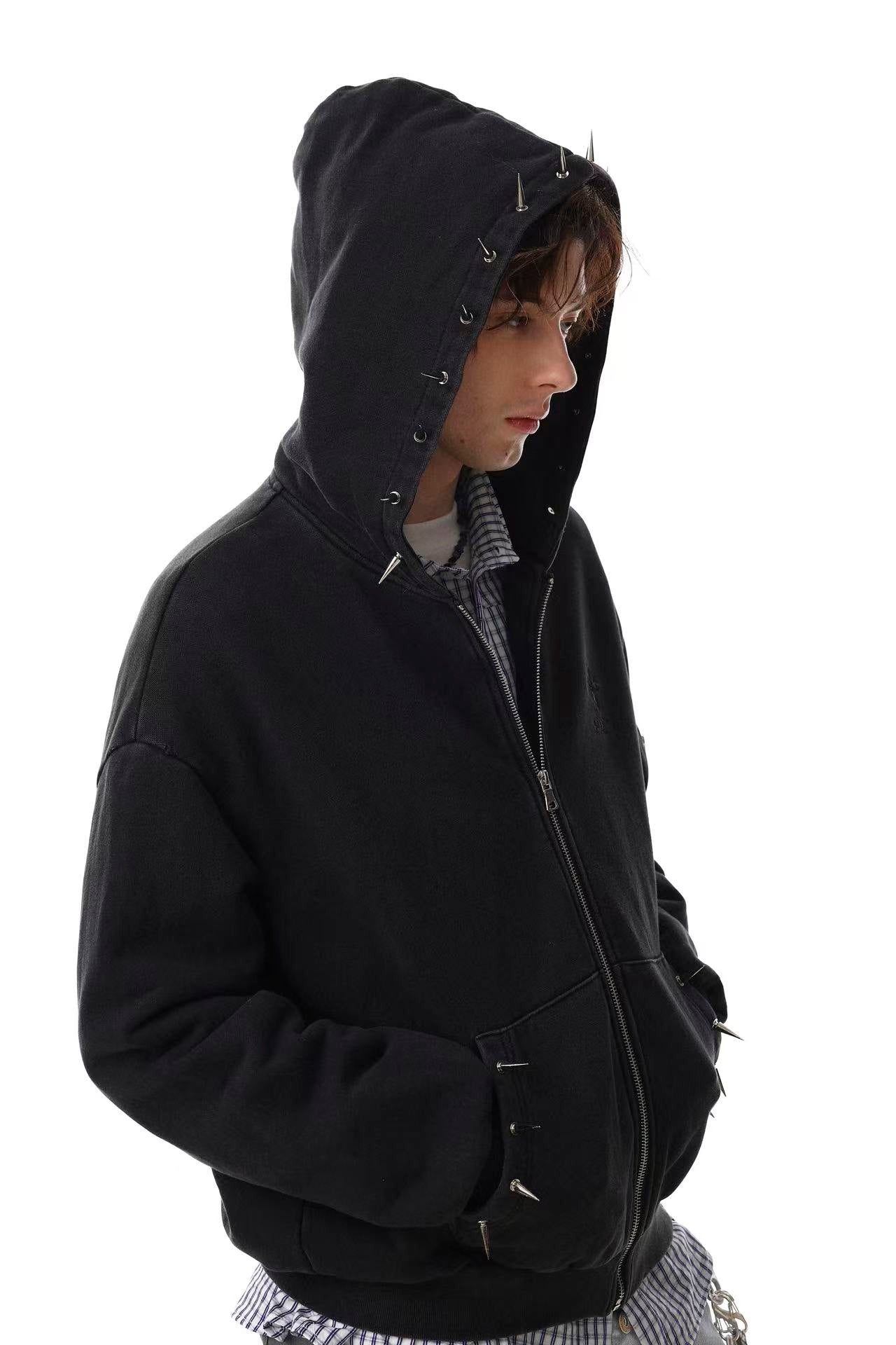 Street Style Retro Studded Zip-Up Hoodie