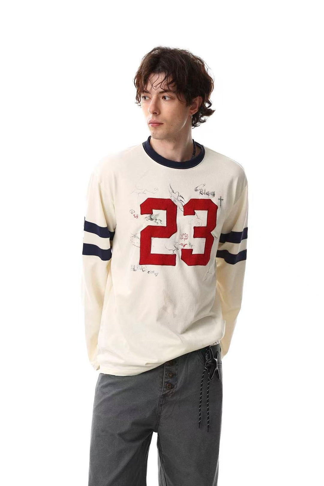 Distressed Patch Number 23 Embroidery Long Sleeve