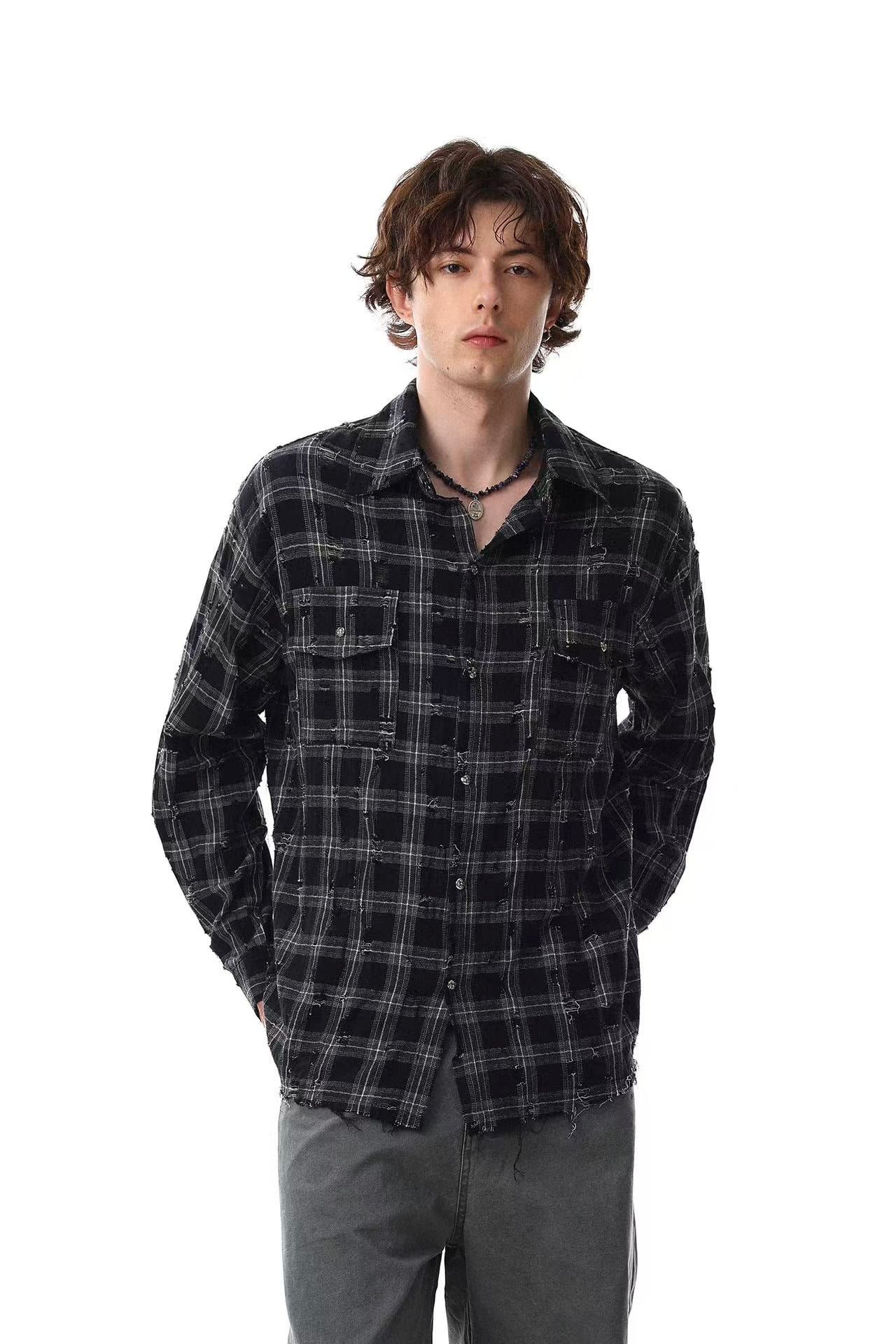 Streetwear Distressed Ripped Plaid Long Sleeve Shirt