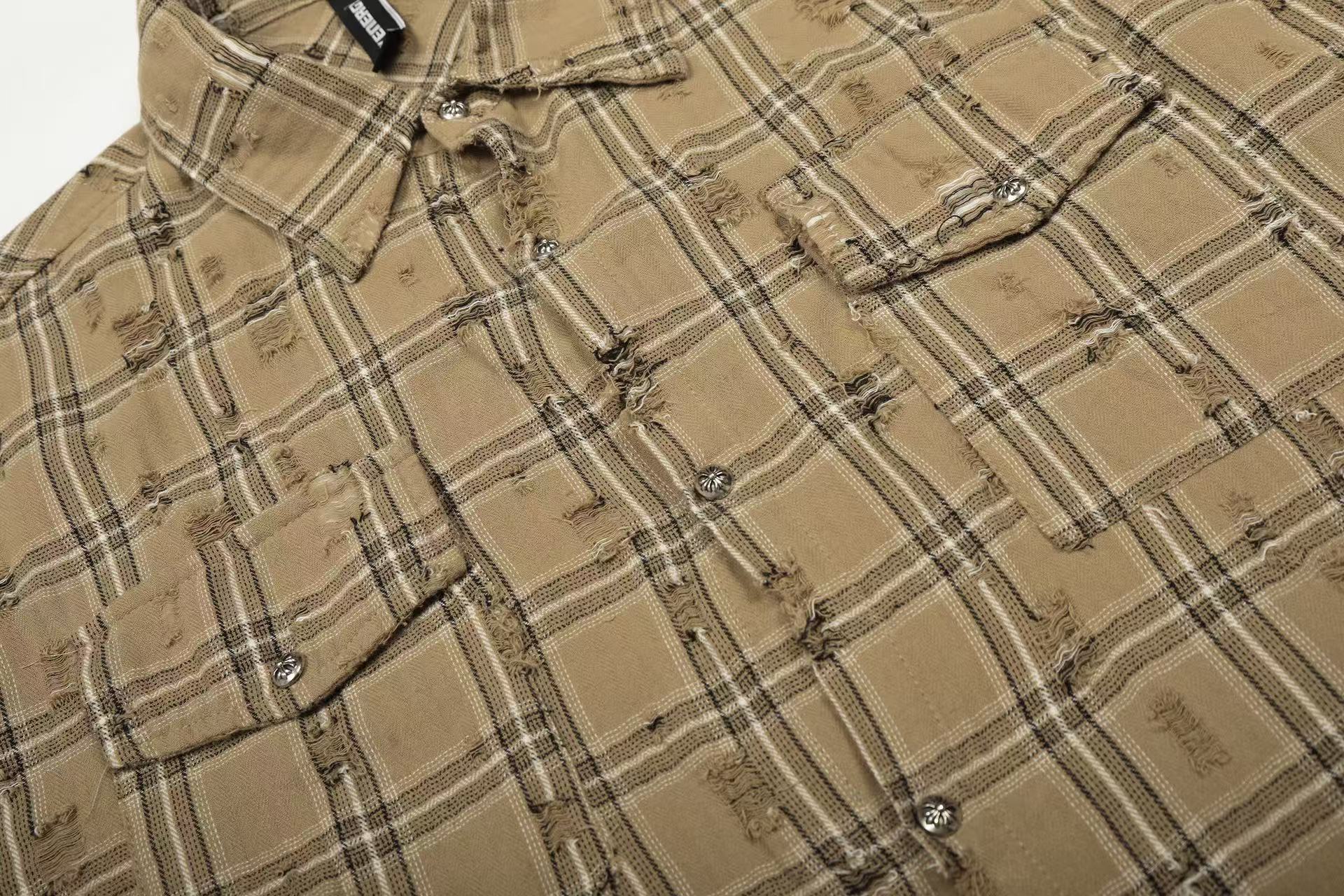 Streetwear Distressed Ripped Plaid Long Sleeve Shirt