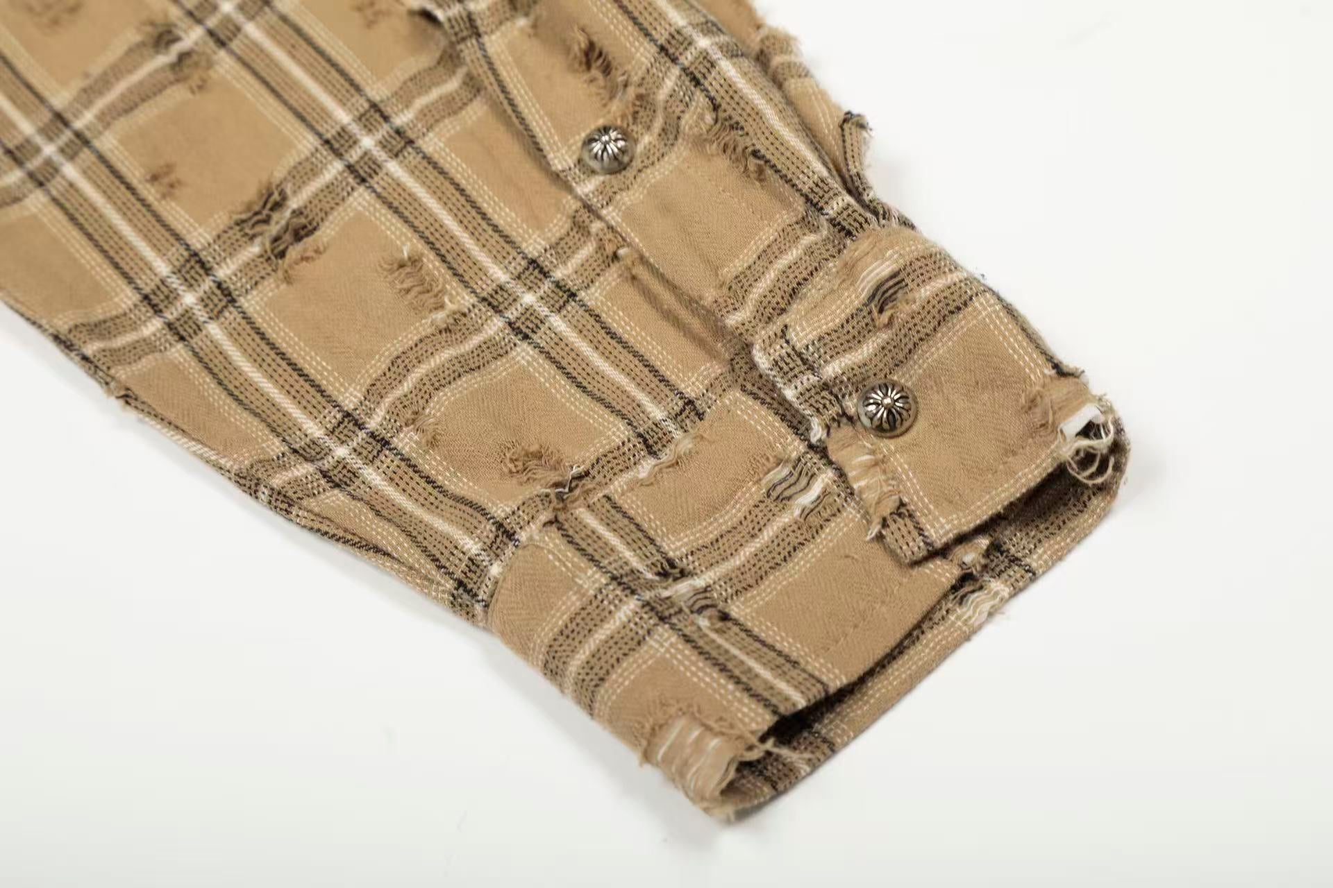 Streetwear Distressed Ripped Plaid Long Sleeve Shirt