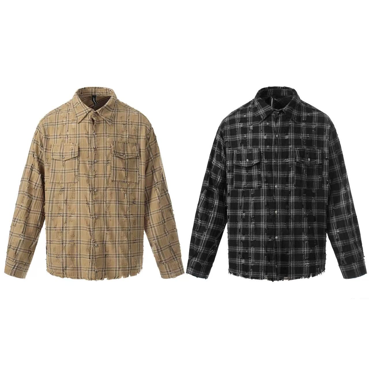 Streetwear Distressed Ripped Plaid Long Sleeve Shirt