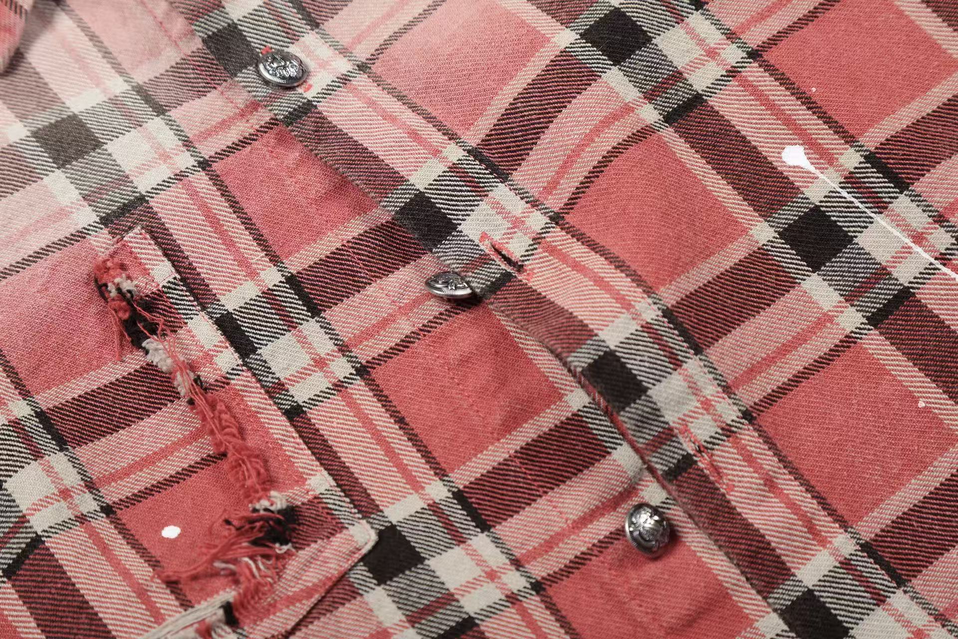 Streetwear Distressed Ripped Plaid Long Sleeve Shirt